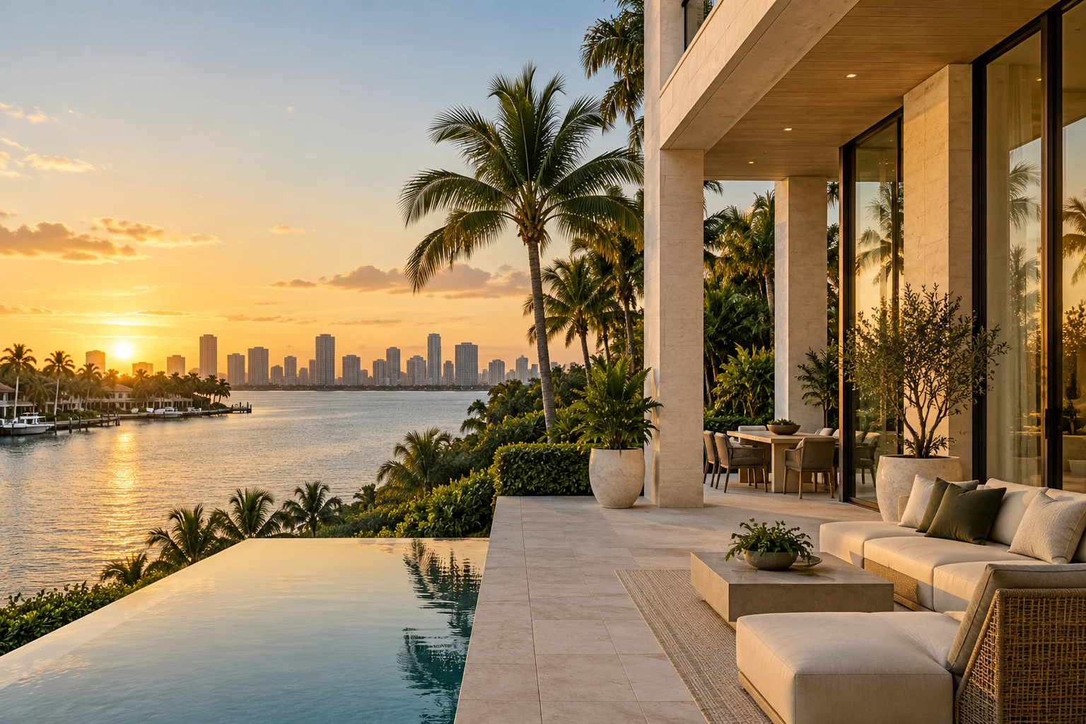 A contemporary waterfront terrace overlooking a warm American coastal skyline
