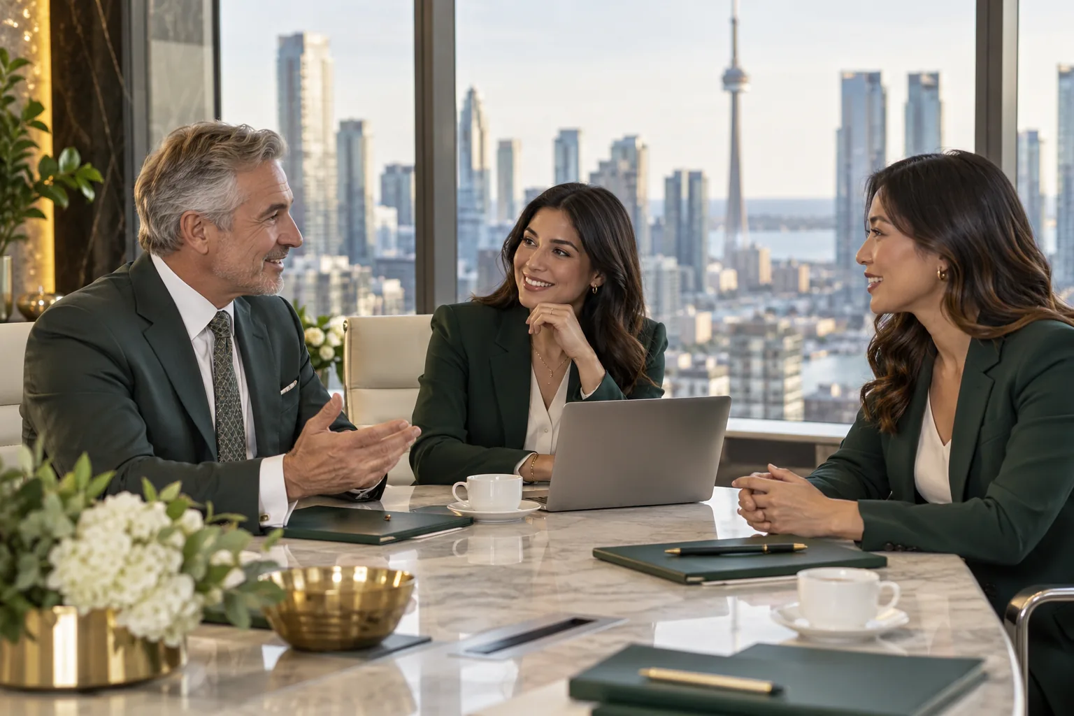 Professionals having a welcoming conversation in a modern boardroom